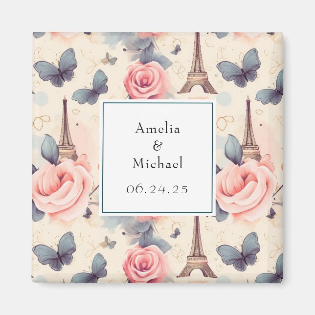 Eiffelturm Schmetterling und Rose Save the Date Magnet (Vorne)
