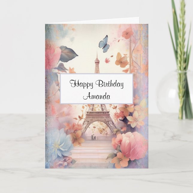 Eiffelturm Schmetterlinge und Blume Geburtstag Karte (Vorderseite)