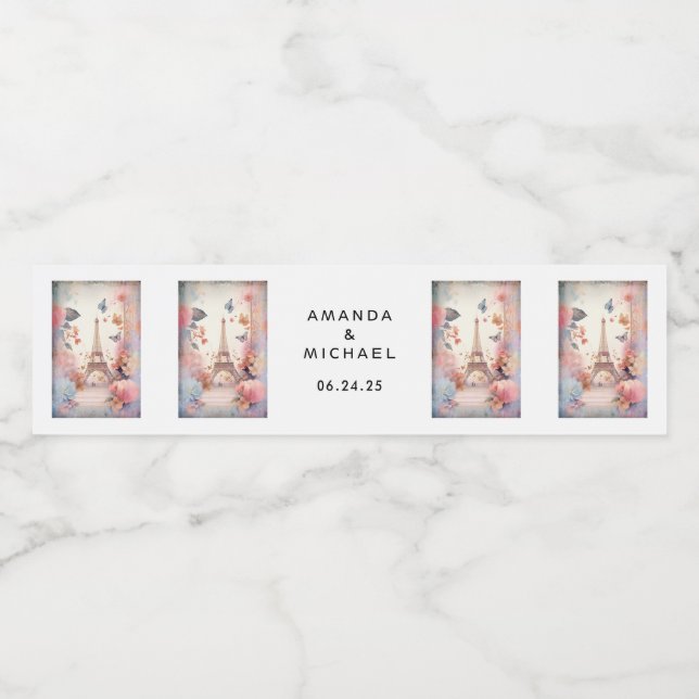 Eiffelturm-Schmetterlinge und Blume - Hochzeit Wasserflaschenetikett (Einzelnes Label)