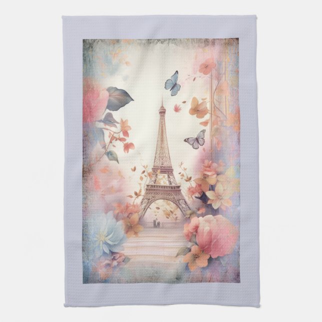 Eiffelturm Schmetterlinge und Blumen Geschirrtuch (Vertikal)