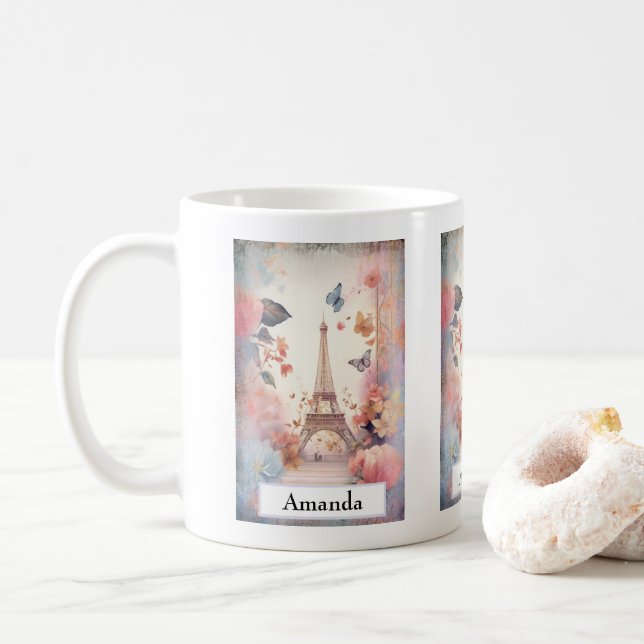 Eiffelturm-Schmetterlinge und Blumen Kaffeetasse (Mit Donut)