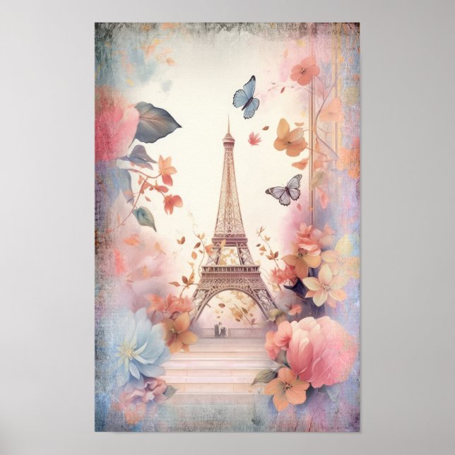 Eiffelturm Schmetterlinge und Blumen Poster (Vorne)