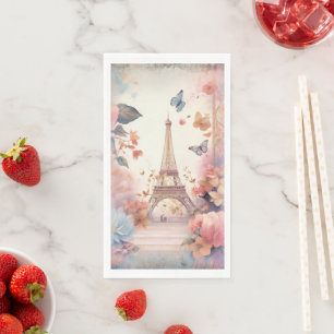 Eiffelturm-Schmetterlinge und Blumen Serviette