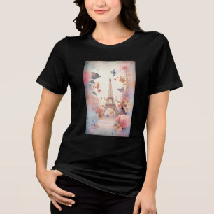 Eiffelturm Schmetterlinge und Blumen Tri-Blend Shirt