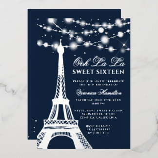 Eiffelturm silberne Glitzer leuchtet blau Sweet 16 Folieneinladung