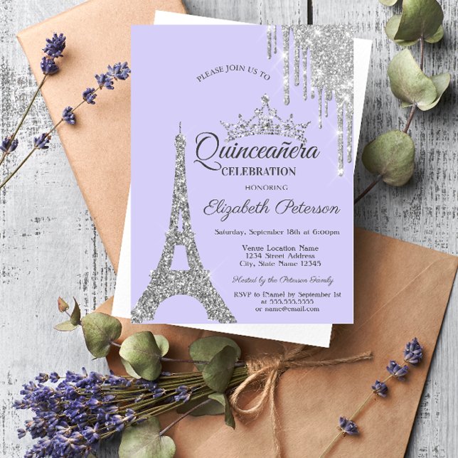 Eiffelturm, Silberne Tropfen Lavander Quinceañera Einladung (Von Creator hochgeladen)