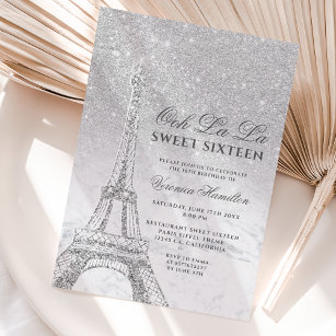 Eiffelturm silberner Glitzer Marmor Sweet 16 Einladung
