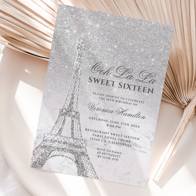 Eiffelturm silberner Glitzer Marmor Sweet 16 Einladung (Von Creator hochgeladen)