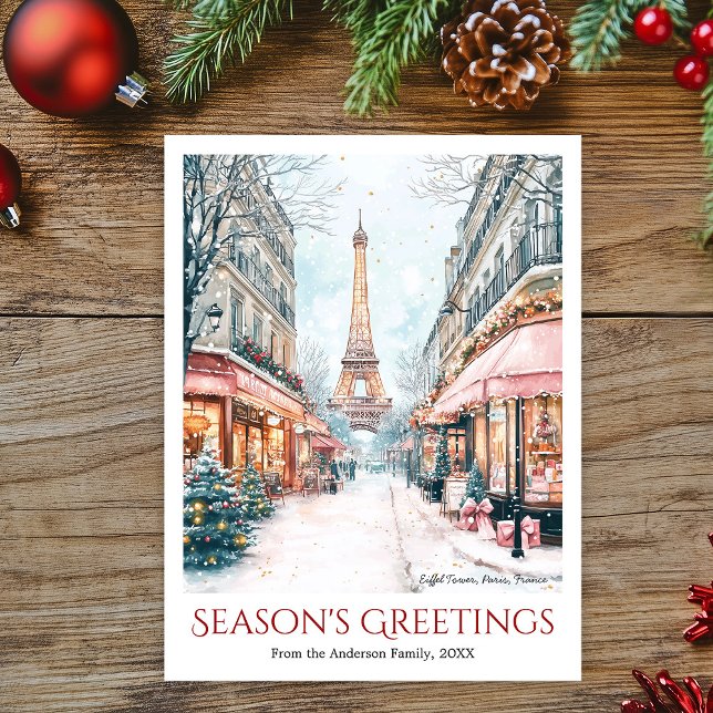 Eiffelturm Snow Paris Frankreich Reisen Feiertagspostkarte (Watercolor Eiffel Tower & snowy city street in Paris France Travel Holiday Postcard.)