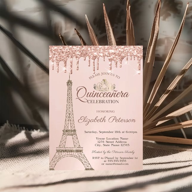 Eiffelturm, Tiara, Rose Gold Tropfen Quinceañera Einladung (Von Creator hochgeladen)