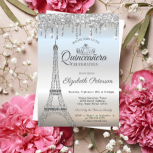 Eiffelturm,Tiara,Tropfen Silber Quinceañera Einladung