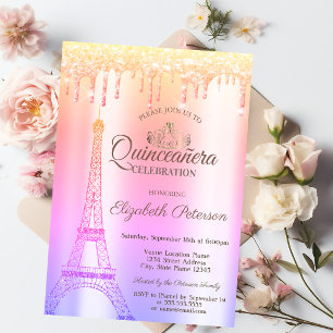 Eiffelturm,Tiara,Tropfende Ombre Quinceañera Einladung
