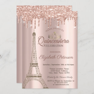Eiffelturm, Tiara, Tropfens Rose Gold Quinceañera  Einladung