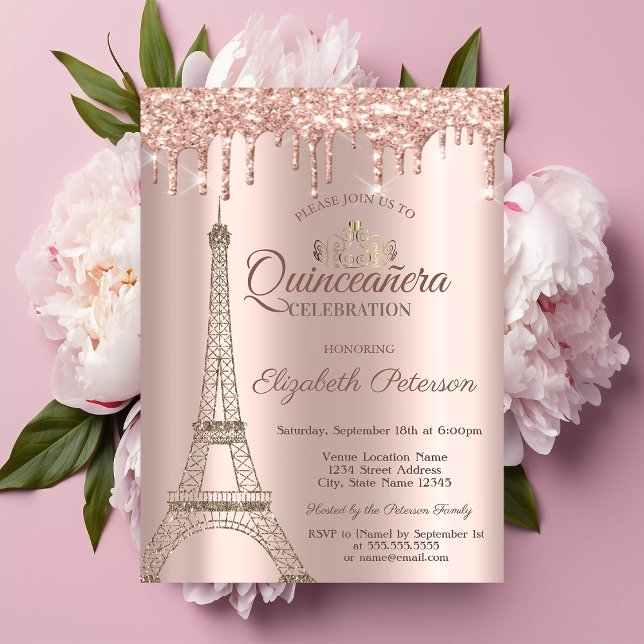 Eiffelturm, Tiara, Tropfens Rose Gold Quinceañera  Einladung (Von Creator hochgeladen)