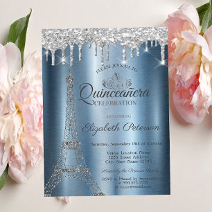 Eiffelturm, Tiara, tropft Blau Metallic Quinceañer Einladung