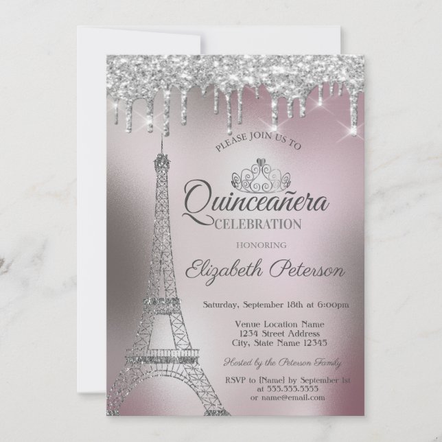 Eiffelturm, Tropfen Rose Gold Metallic Quinceñera Einladung (Vorderseite)