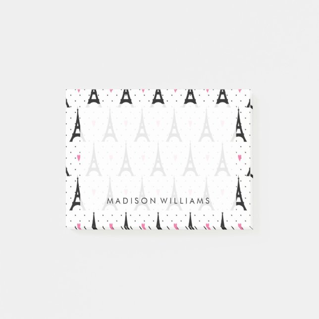 Eiffelturm-Tupfen-u. Herz-Muster Post-it Klebezettel (Vorderseite)