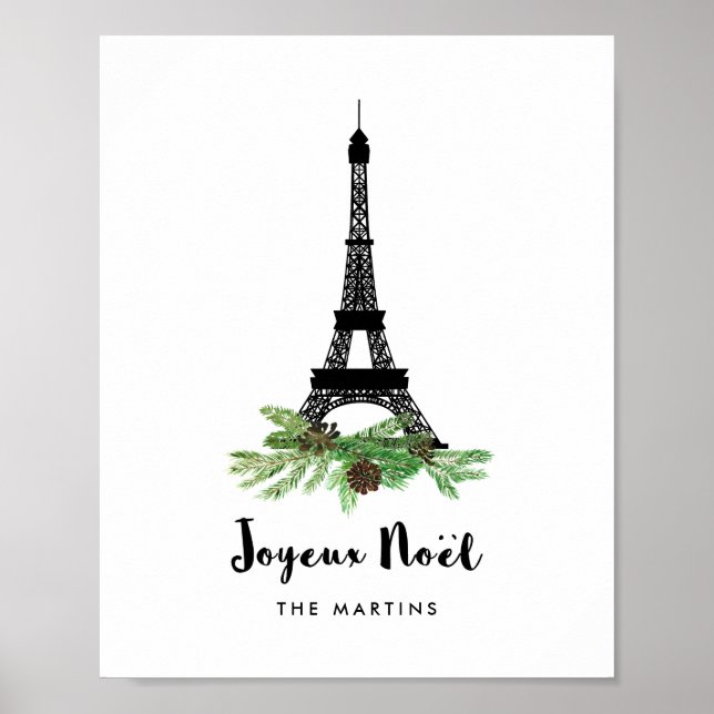 Eiffelturm und Pine | Modernes Joyeux-Weihnachten Poster (Vorne)