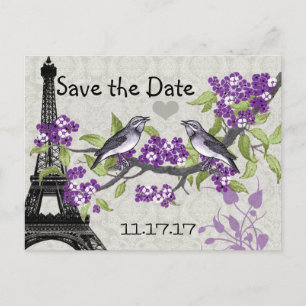 Eiffelturm Vintage Liebesvogel Save the Date Ankündigungspostkarte