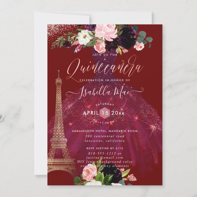 Eiffelturm von Quinceanera, Blume von Blush Burgun Einladung (Rückseite)