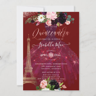 Eiffelturm von Quinceanera, Blume von Blush Burgun Einladung
