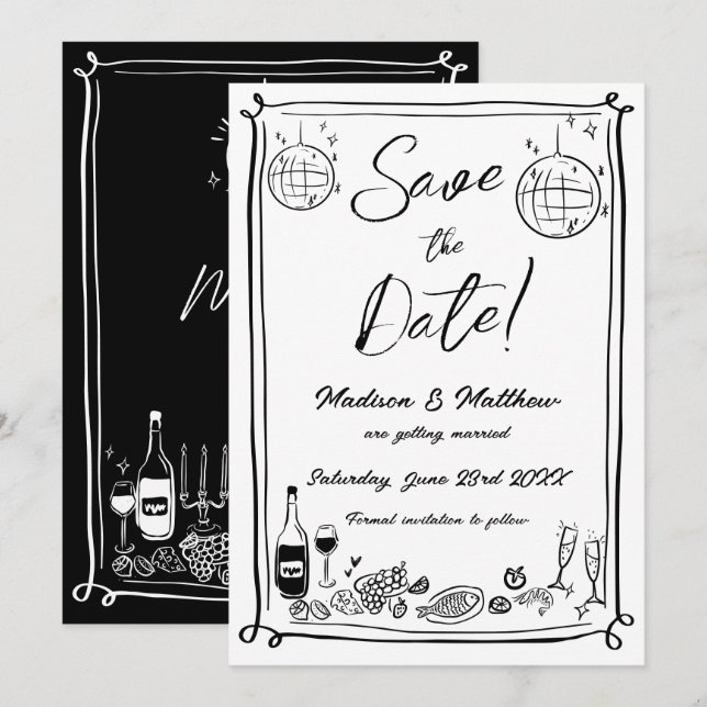Eigenartige handgezeichnete Kritzel-Gekritzel Hoch Save The Date (Vorne/Hinten)