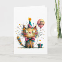 Eigenartige orange Katze mit Partyhut und Kuchen G