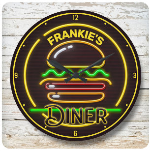 Eigene ADD NAME Retro Imitate Neon Burger Diner Runde Wanduhr