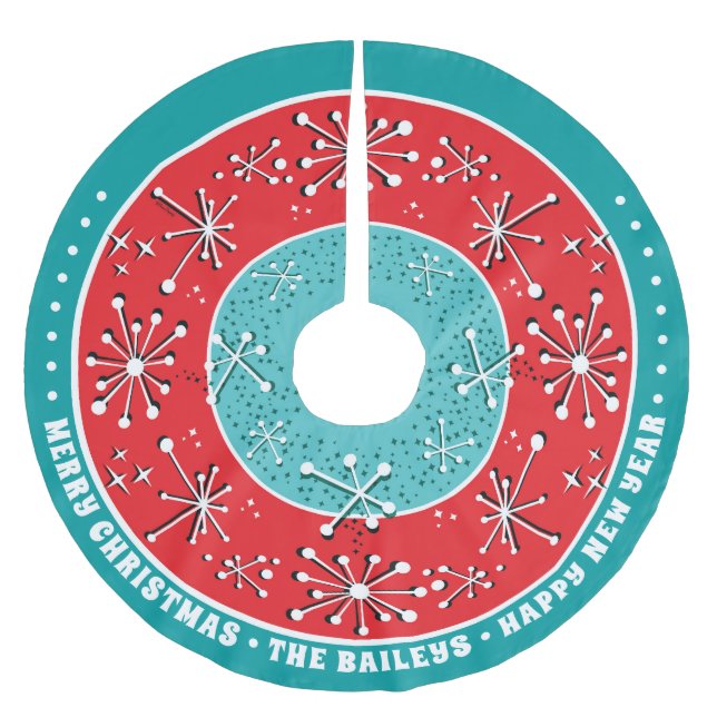 Eigene Atomsputnik Mitte des Jahrhunderts Moderne Polyester Weihnachtsbaumdecke (Vorderseite)