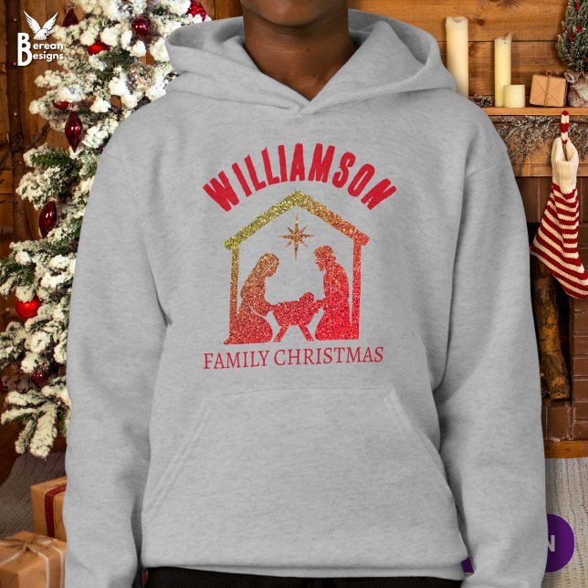 Eigene Christliche Weihnachtszeit T-Shirt (Personalized Christmas Family hoodie with glitter nativity design.)