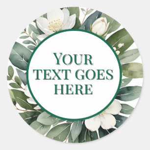 eigene Hochzeitsaufkleber, weiße Blume Eukalyptus Runder Aufkleber