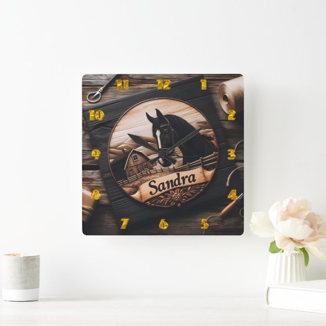 Eigene Holzbearbeitung von Pferd und Stall Quadratische Wanduhr (Zuhause)