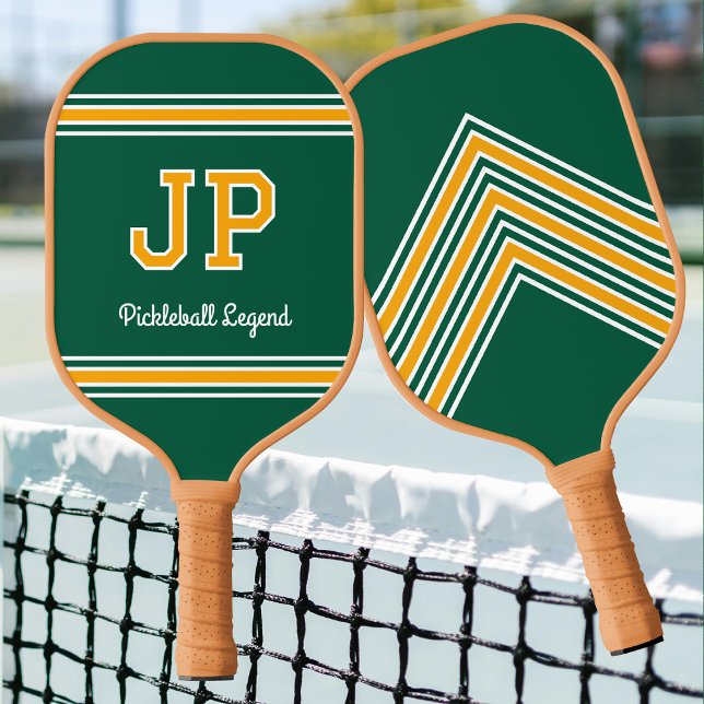 Eigene Monogram Name Initials Retro Green Gold Pickleball Schläger (Von Creator hochgeladen)