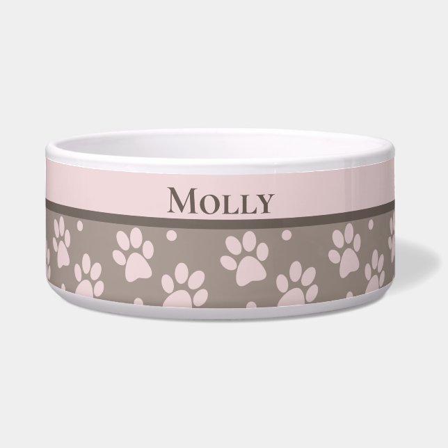 Eigene Taupe und rosa Paw Print personalizable Napf (Vorderseite)