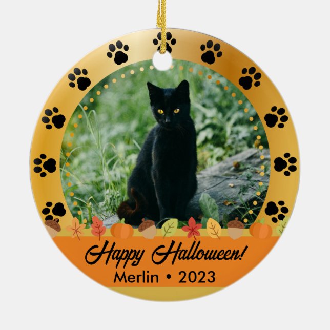 Eigener Herbst Halloween Foto Name Jahr Haustier-O Keramik Ornament (Hinten)