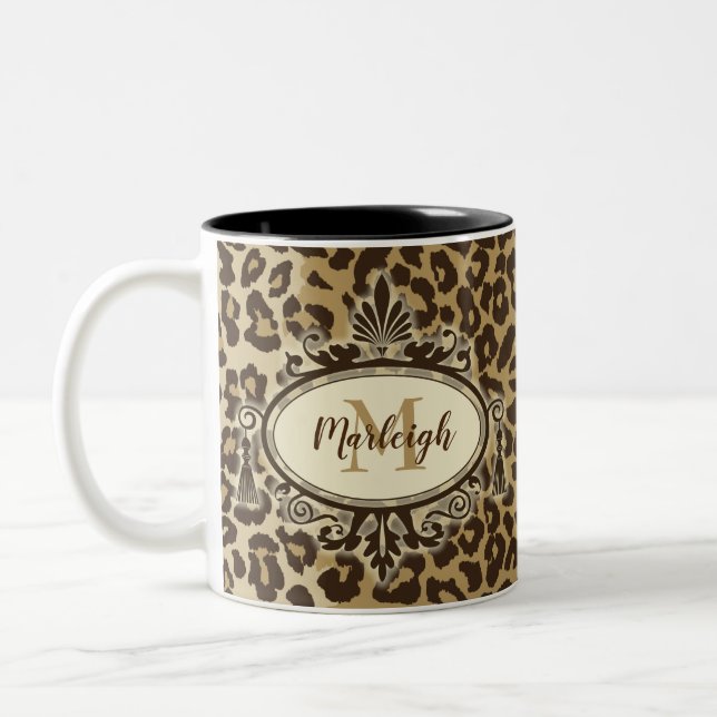 Eigener Leopardrucker Name des Monogramms Zweifarbige Tasse (Links)