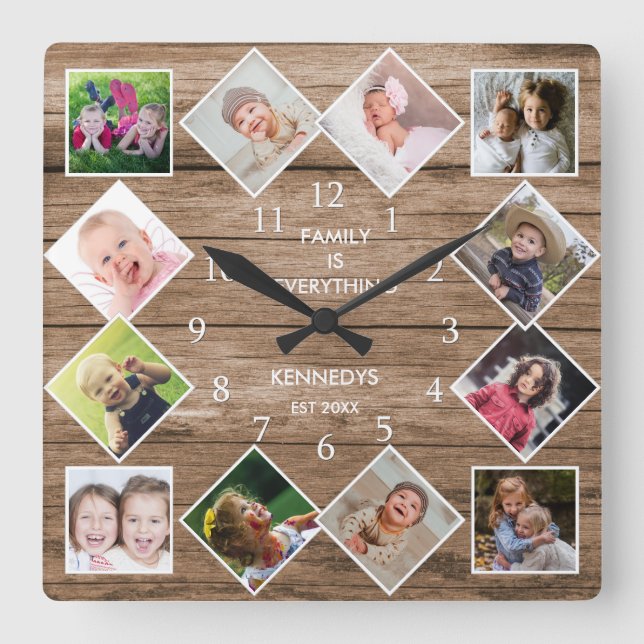 Eigenes 12 Foto Frame Collage Familienangebot Holz Quadratische Wanduhr (Vorderseite)
