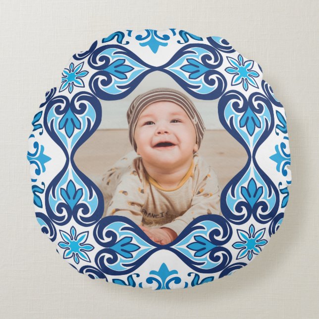 Eigenes Bild, blau-weiß Azulejos Rundes Kissen (Vorderseite)