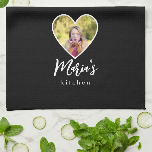 Eigenes Foto im Schwarzen Herzrahmen Moderne Kalli Geschirrtuch (Gefaltet)