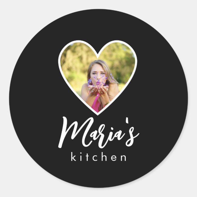 Eigenes Foto im Schwarzen Herzrahmen Moderne Kalli Runder Aufkleber (Vorderseite)