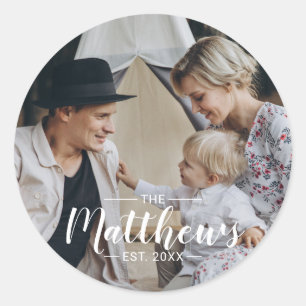 Eigenes Foto mit Familienname und Gründungsjahr Runder Aufkleber