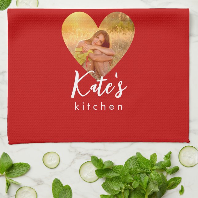 Eigenes Foto Roter Herzrahmen Moderne Kalligrafie Geschirrtuch (Gefaltet)