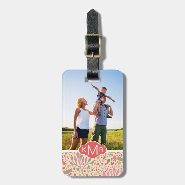 Eigenes Foto und Monogramm, helles Blumenmuster Gepäckanhänger (Vorderseite vertikal)