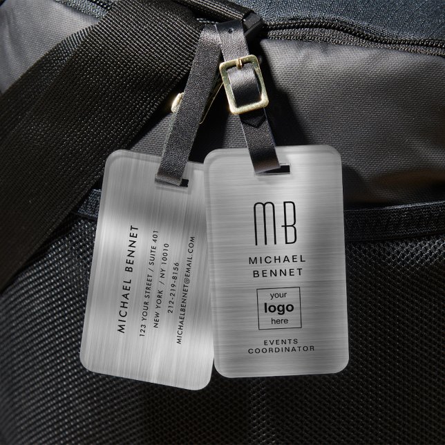 Eigenes Logo Mit Monogramm Silver Gray-Brushmetall Gepäckanhänger (Custom Logo Monogrammed Silver Gray Brushed Metal Luggage Tag)