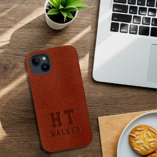 Eigenes Mit Monogramm braunes Veganes Leder Case-Mate iPhone 14 Plus Hülle