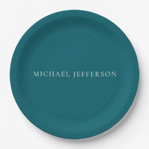 Eigenname schlicht dunkle Teal-Farbe personalisier Pappteller