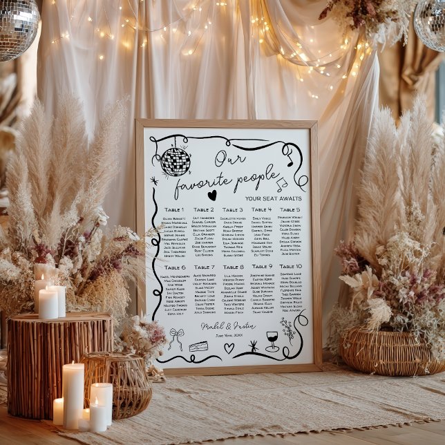 Eigenwilliger, launischer schwarzer Hochzeitssitzp Poster (Quirky whimsical black Wedding Seating Chart)