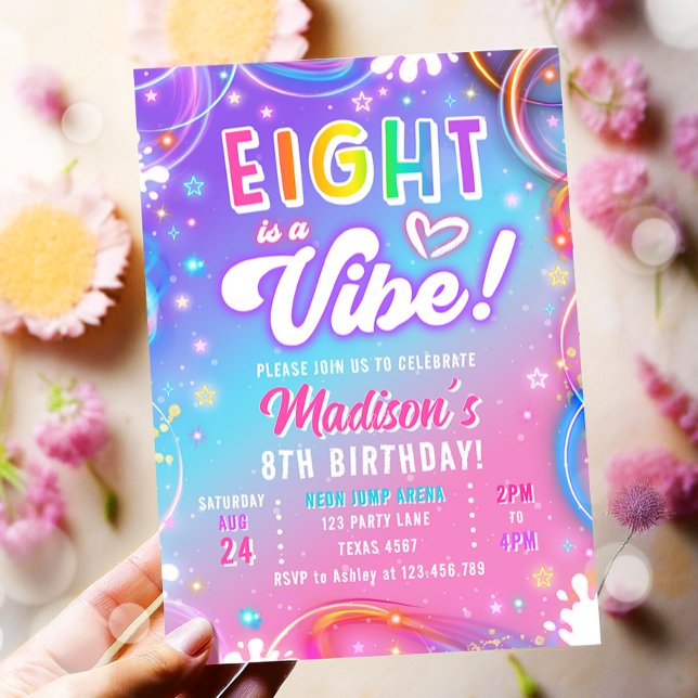 Eight is a Vibe Retro Groovy Neon Girl Birthday Einladung (Von Creator hochgeladen)