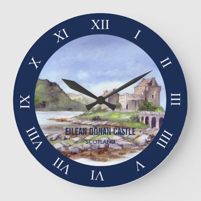 Eilean Donan Burg Wasserfarbene Malereien Große Wanduhr (Vorderseite)