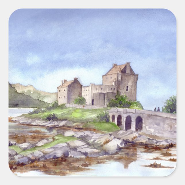 Eilean Donan Burg Wasserfarbene Malereien Quadratischer Aufkleber (Vorderseite)